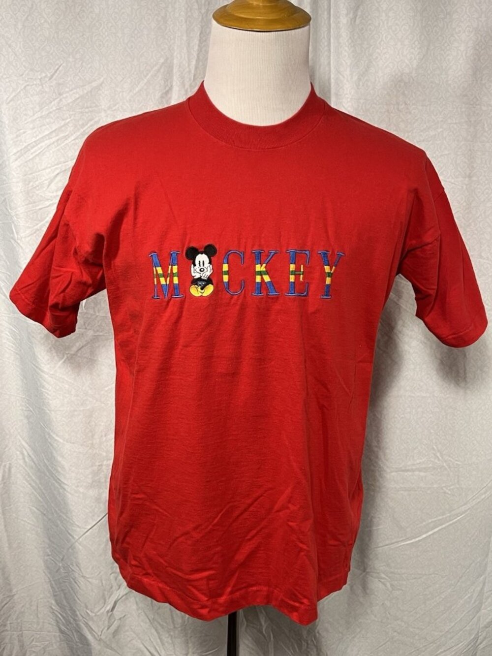 Mickey & Co Disney T-Shirt Red Embroidered Mickey Mouse Made USA 90s OSFA